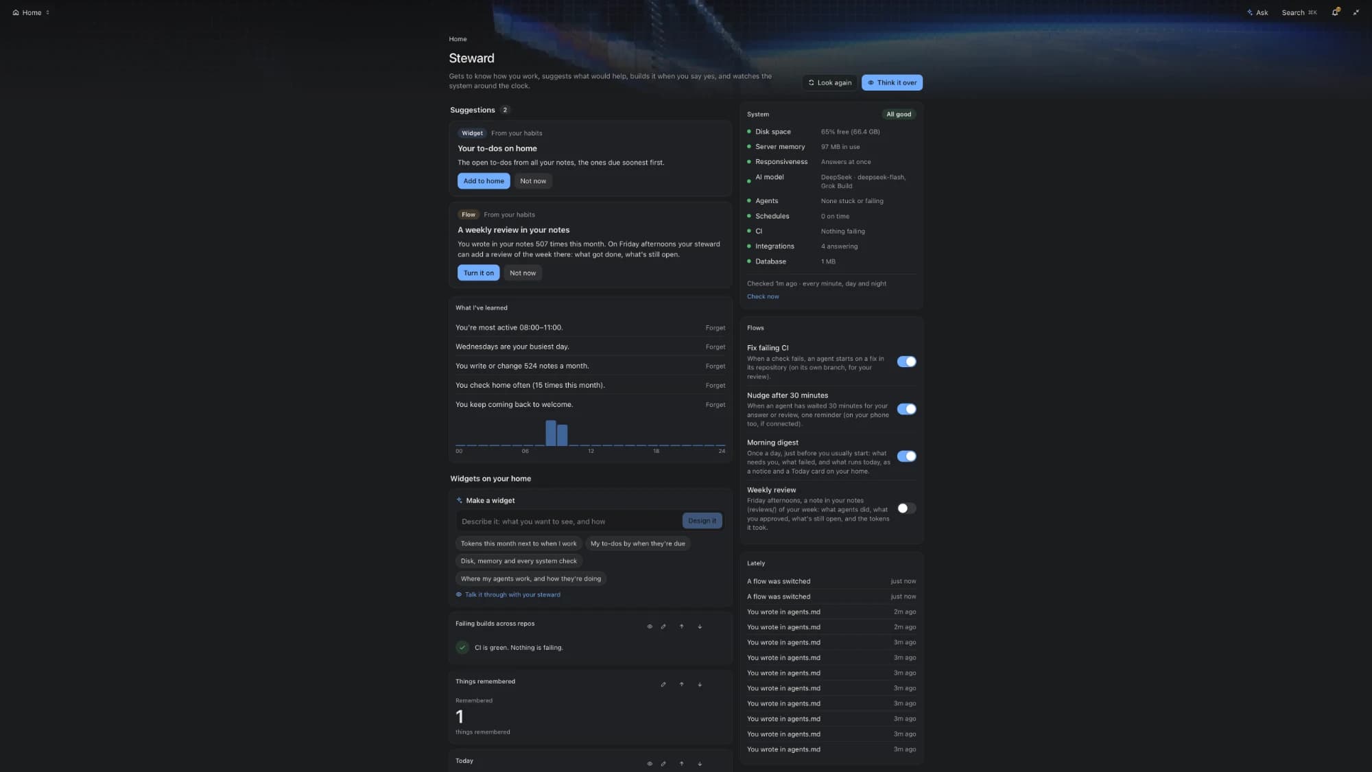 Stewards side i Elma: forslag til en widget og et flow, hvad den har lært om mine vaner, systemets status og en liste over flows, der kan slås til og fra.